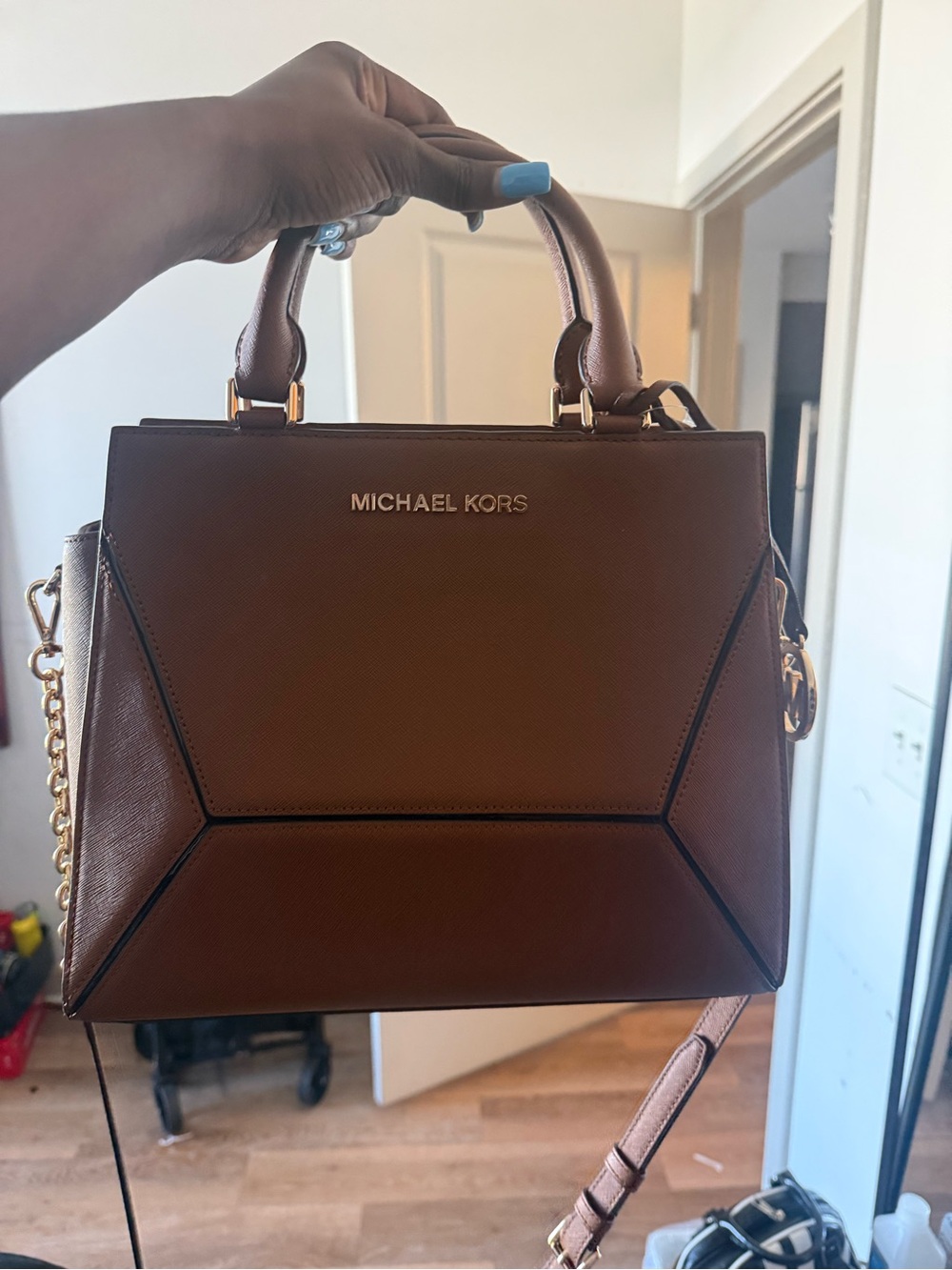 Michael Kors Brown Saffiano Leather Satchel with Gold Hardware